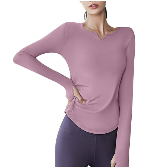JGGSPWM Women's Yoga Shirts with Build-In Bra Long Sleeve Quick-Dry Loose Fit V-Neck T-Shirts Workout Top Purple XL