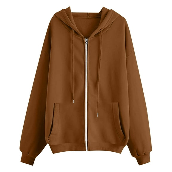 JGGSPWM Women's Zip Up Hoodies Long Sleeve Solid Color Pocket Drawstring Sweatshirts Fall Casual Outfits Jackets Brown S