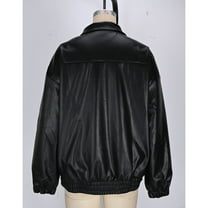 JGGSPWM Women's Zip Up Leather Jacket Motorcycle Baggy Bomber Coats Solid Color Long Sleeve Leather Jacket Fall Winter Clothes Black L