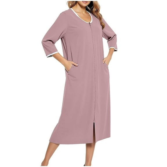 JGGSPWM Women's Zipper Robe 3/4 Sleeves Full Length House Dress Square Neck Housecoat Soft Nightgown Loungewear Clothes Pink XXL