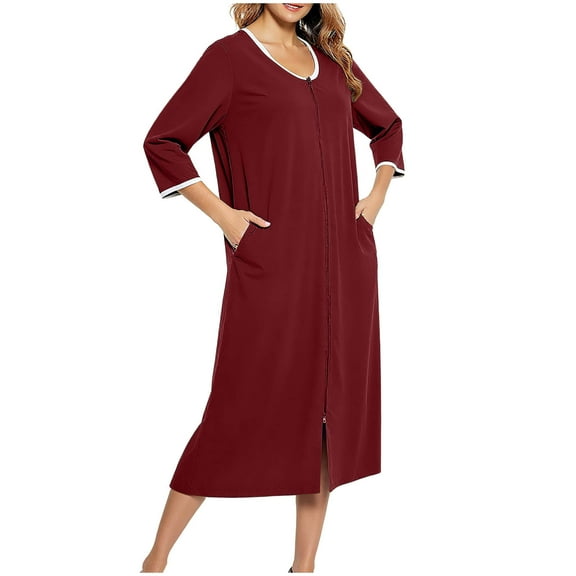 JGGSPWM Women's Zipper Robe 3/4 Sleeves Full Length House Dress Square Neck Housecoat Soft Nightgown Loungewear Clothes Red L