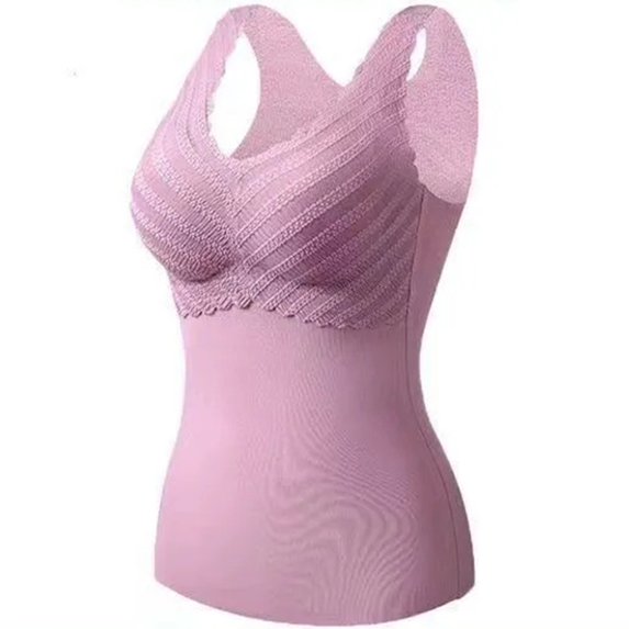 JGGSPWM Womens 1 Pcs Thermal Vest Warm Lace Camisole Sleeveless Lingerie Fleece Lined Underwear Tops Cami Winter Basic Vest with Removeable Pad Petite Pink US 6