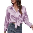 thumbnail image 1 of JGGSPWM Womens 2022 Fall Fashion Satin Shirts Solid Bowknot Front Blouse Lapel Long Sleeve Button Tunic Boyfriend Style Work Top Purple S, 1 of 6