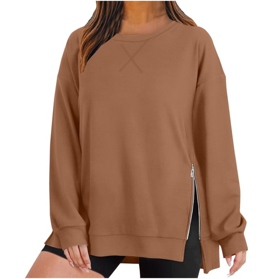 JGGSPWM Womens 2024 Fashion Sweatshirts Side Split Zipper Oversized Sweatshirt Basic Tops Long Sleeve Fall Casual Lightweight Pullovers Coffee XL