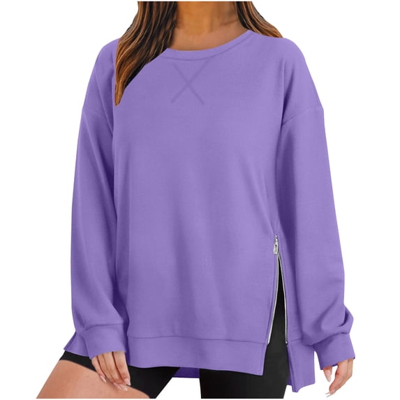 JGGSPWM Womens 2024 Fashion Sweatshirts Side Split Zipper Oversized Sweatshirt Basic Tops Long Sleeve Fall Casual Lightweight Pullovers Purple XXL