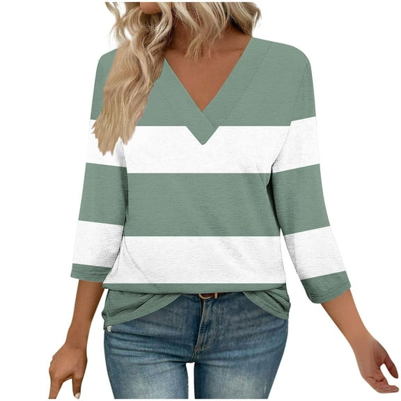 JGGSPWM Womens 3/4 Length Sleeve Shirt Casual Color Block Striped Print V Neck Pullover Tops T-shirt Basic Fall Fashion Outfits Green L