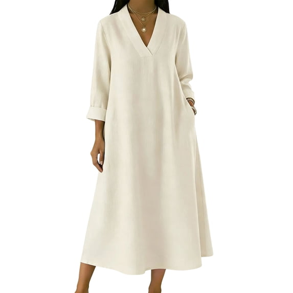 JGGSPWM Womens 3/4 Sleeve Linen Dress Casual Summer Dresses with Pockets Loose Midi A Line Flowy Dress Boho V Neck Sundress White S
