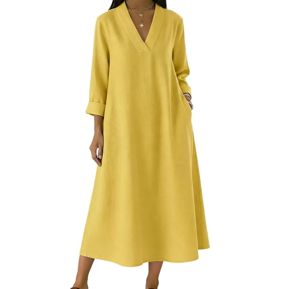 JGGSPWM Womens 3/4 Sleeve Linen Dress Casual Summer Dresses with Pockets Loose Midi A Line Flowy Dress Boho V Neck Sundress Yellow XXL
