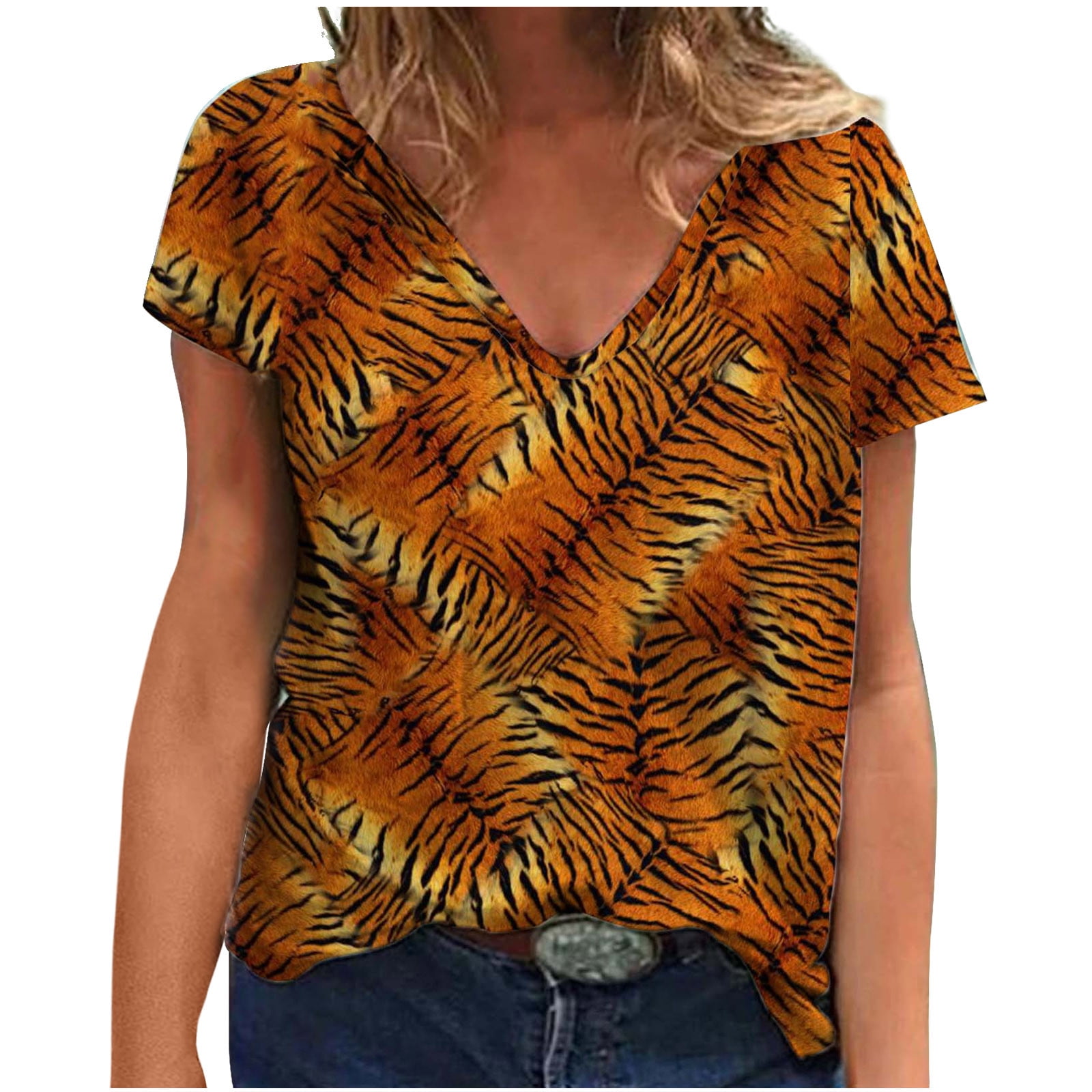 JGGSPWM Womens Animal Pattern Tops Adorable Tshirts Tiger Print Blouse V  Neck Tees Cute Graphic Tunic Short Sleeve Shirts Orange L