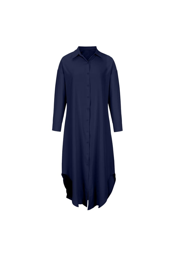 Womens Ankle Length Maxi Tops Solid Button Down Cardigans Lapel V Neck Long Sleeve Shirts Irregular Flare Hem Tshirt Cardigan Boyfriend Style Tunic Navy L