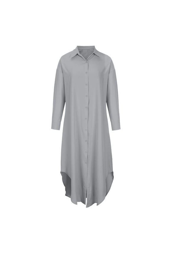 Womens Ankle Length Maxi Tops Solid Button Down Cardigans Lapel V Neck Long Sleeve Shirts Irregular Flare Hem Tshirt Cardigan Boyfriend Style Tunic Gray L
