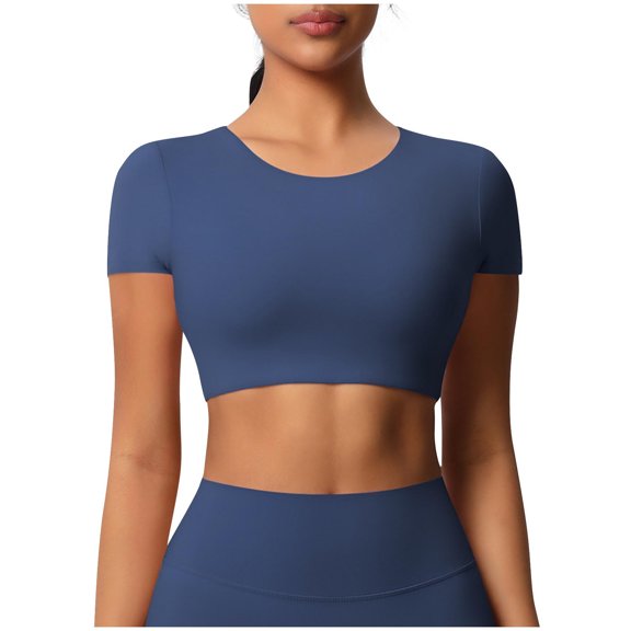 JGGSPWM Womens Athletic Basic Short Sleeve Crop Tops Scoop Neck Slim Fit Summer Tees Cute T Shirts Blue S