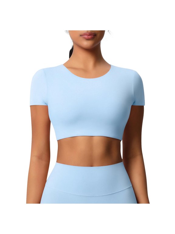Womens Athletic Basic Short Sleeve Crop Tops Scoop Neck Slim Fit Summer Tees Cute T Shirts Light Blue S