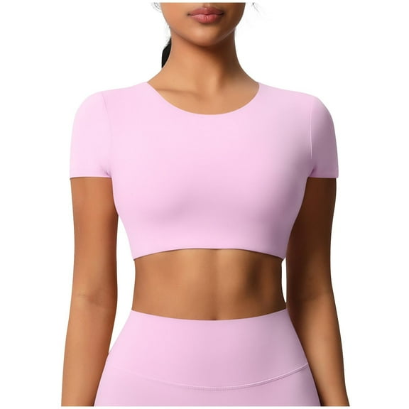 JGGSPWM Womens Athletic Basic Short Sleeve Crop Tops Scoop Neck Slim Fit Summer Tees Cute T Shirts Pink S