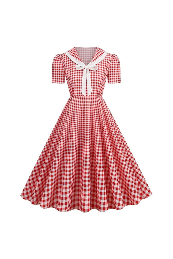 Womens Ball Party A-line Vintage Dresses Lapel V Neck Short Sleeve Dress Bow Front Dress Plaid Dress Red L