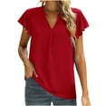 thumbnail image 1 of JGGSPWM Womens Basic Solid Blouse Casual Comfy Elegant Tunic Tees V Neck Ruffle Short Sleeve Shirts Red M, 1 of 9