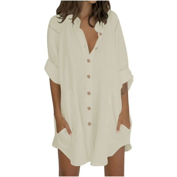 JGGSPWM Womens Beach Cover Up Button Down Shirts Summer Cotton Gauze Breathable Tops Long Sleeve Loose Blouse Beige S