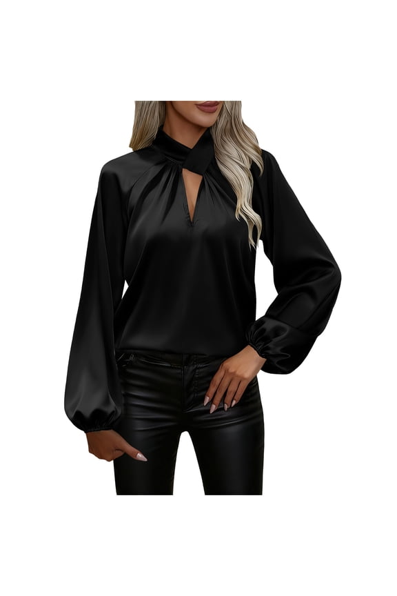 Womens Blouses Solid Color Keyhole Neck Lantern Sleeve Elegant Blouse, Autumn Spring Clothes for Women Tops Black XXL