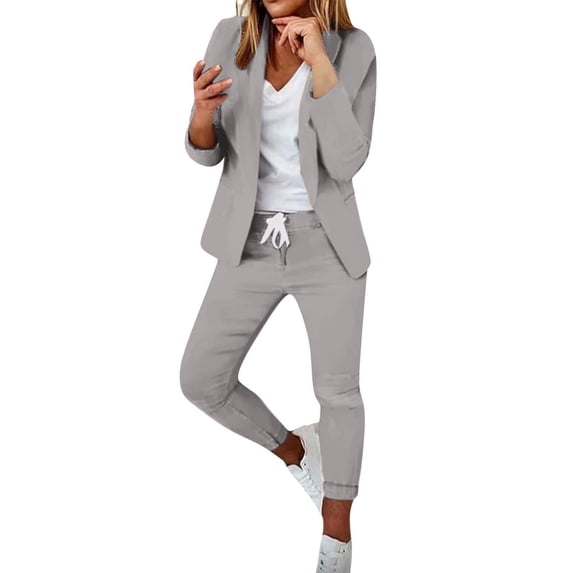 JGGSPWM Womens Business Work Suit Set Open Front Blazer and Drawstring Sweatpants for Office Lady Slim Fit Elastic Pant 2 Piece Outfits Gray XL