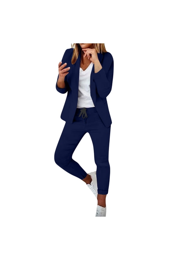 Womens Business Work Suit Set Open Front Blazer and Drawstring Sweatpants for Office Lady Slim Fit Elastic Pant 2 Piece Outfits Navy M