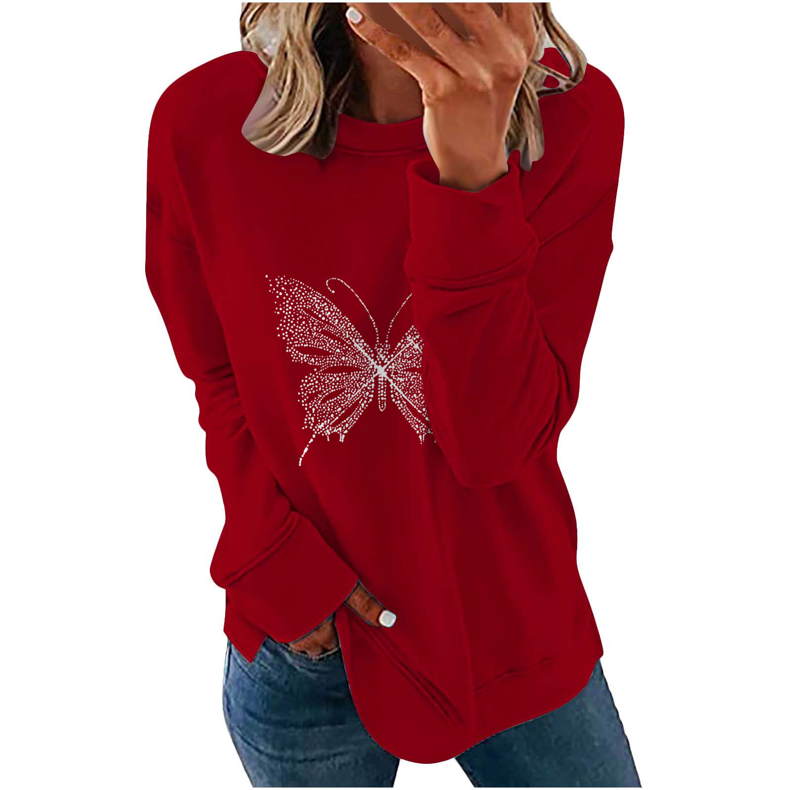 JGGSPWM Womens Butterfly Print Sweatshirts Dressy Casual Sweatshirt Flattering Jumper Cotton