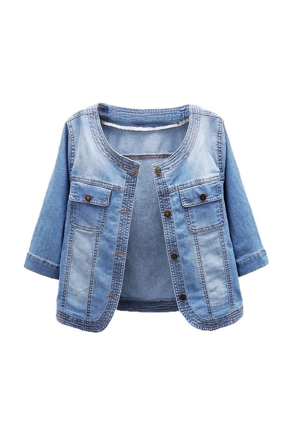 Womens Button Down Cropped Demin Cardigans Petite Fall Pullover Cotton Tops 3/4 Sleeve Crewneck Outwear Light Blue XL