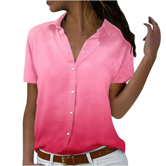 JGGSPWM Womens Button Down Gradient Blouse Lapel Collar V Neck Short Sleeve Shirts Plus Size Loose Relaxd Fit Tunic Tees Hot Pink L