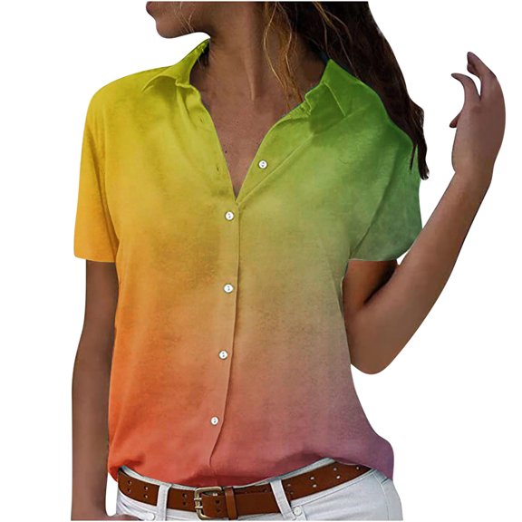 JGGSPWM Womens Button Down Gradient Blouse Lapel Collar V Neck Short Sleeve Shirts Plus Size Loose Relaxd Fit Tunic Tees Yellow L