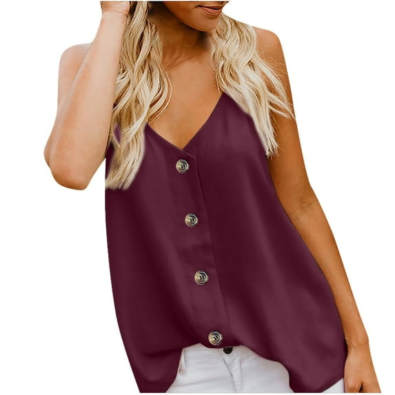 JGGSPWM Womens Button Down Solid Tank Top and Camisole Summer Casual Loose Spaghetti Strap Vest Tees V Neck Sleeveless Shirts Wine XL
