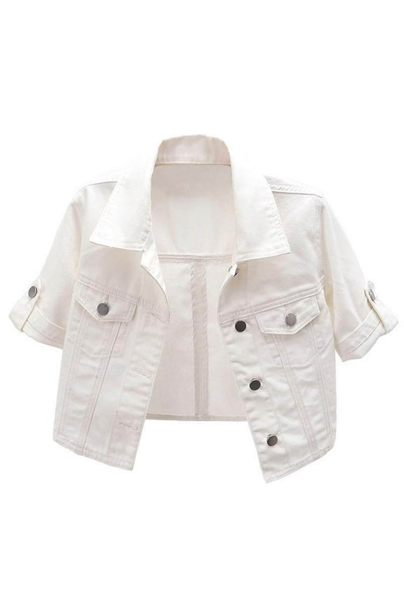 Womens Button Down Super Cropped Denim Jacket Shirts Petite Soft Pullover Comfortable Tops Short Sleeve Lapel V Neck Outwear White L