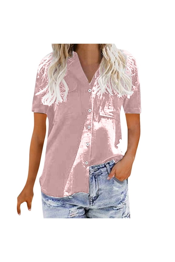 Womens Button Down Tops Cotton Linen Tees Short Sleeve Shirts Soft Breathable Tunics Pocket Blouse V Neck T-shirts Pink XXXL