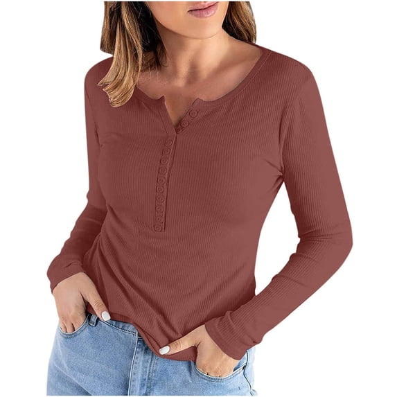 JGGSPWM Womens Button Up Henley Ribbed Knit Tops Solid Tunic Pullover Slim Fit Tshirt Long Sleeve Blouse V Neck Tee Shirts Khaki