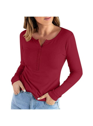 Long Sleeve Shirts for Women Low Cut Henley Top Ribbed Knit Shirt Slim Fit  Tops Scoop Neck Ribbed Knit Shirts Tops Womens Clothing Cheap Clearance  Sale 