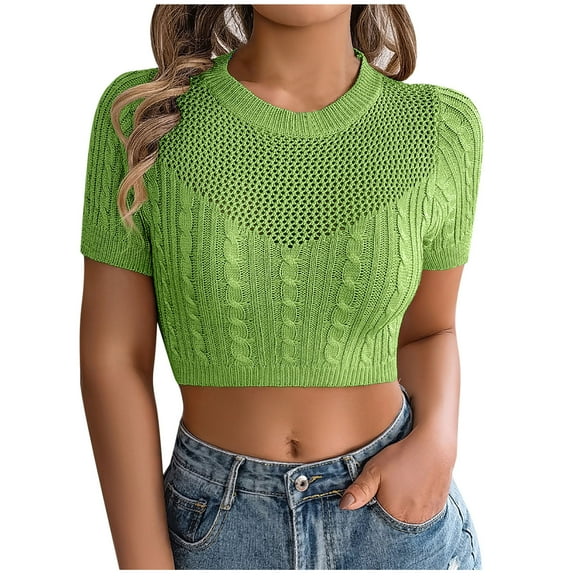 JGGSPWM Womens Cap Sleeve Cable Knit Hollow Out Crop Tops Crew Neck Loose Pullover Sweaters Green XL