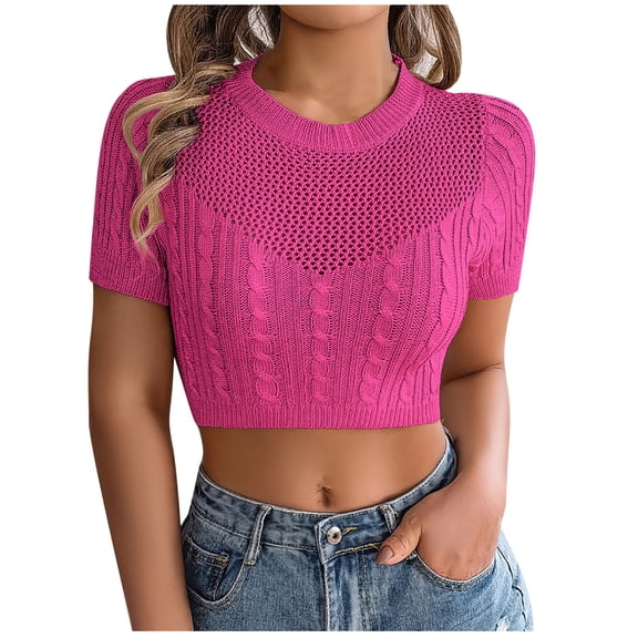 JGGSPWM Womens Cap Sleeve Cable Knit Hollow Out Crop Tops Crew Neck Loose Pullover Sweaters Hot Pink S