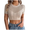 thumbnail image 1 of JGGSPWM Womens Cap Sleeve Cable Knit Hollow Out Crop Tops Crew Neck Loose Pullover Sweaters Khaki S, 1 of 6