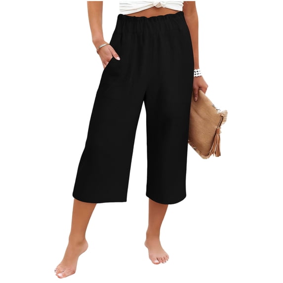 JGGSPWM Womens Capri Pants Spring Summer Cotton Linen Straight Wide Leg Loose Pants Elastic Waist Cropped Trouser with Pockets Black L