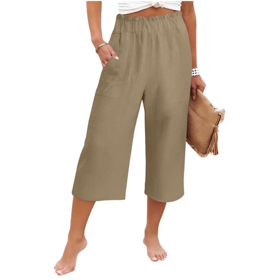 JGGSPWM Womens Capri Pants Spring Summer Cotton Linen Straight Wide Leg Loose Pants Elastic Waist Cropped Trouser with Pockets Yellow XL