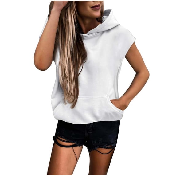 JGGSPWM Womens Casual Hoodies Short Sleeve Drawstring Lightweight Hooded Sweatshirt Pocket Loose Pullover Tops White XL