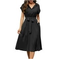 thumbnail image 1 of JGGSPWM Womens Casual Midi Dresses Solid Color V Neck Short Sleeve Button Shirt Belted Dress with Pockets for Spring Summer Black M, 1 of 8