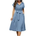 thumbnail image 1 of JGGSPWM Womens Casual Midi Dresses Solid Color V Neck Short Sleeve Button Shirt Belted Dress with Pockets for Spring Summer Blue XL, 1 of 8