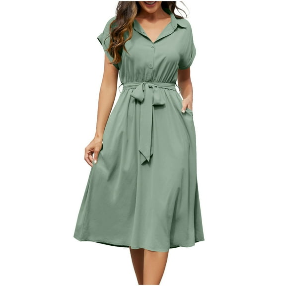 JGGSPWM Womens Casual Midi Dresses Solid Color V Neck Short Sleeve Button Shirt Belted Dress with Pockets for Spring Summer Green XXL