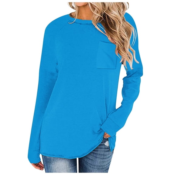 JGGSPWM Womens Casual Solid Long Sleeve Chest Pocket Shirts Classic Round Neck Pocket T Shirts Blouses Tops Light Blue L