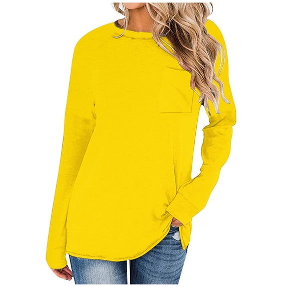 JGGSPWM Womens Casual Solid Long Sleeve Chest Pocket Shirts Classic Round Neck Pocket T Shirts Blouses Tops Yellow XL
