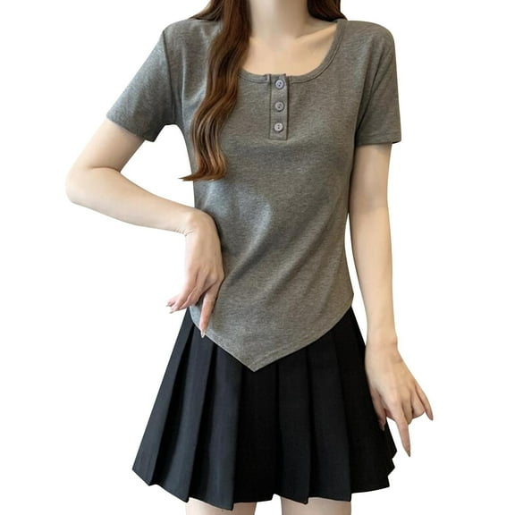 JGGSPWM Womens Casual Summer Short Sleeve Button Up Tops Henley Neck Handkerchief Hem Slim Fit Basic T-Shirts Gray L