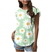 JGGSPWM Womens Casual T-shirts Comfy Flower Print Summer Ruffle Short Sleeve Crewneck Neck Tops Tunic Shirts Green XXL
