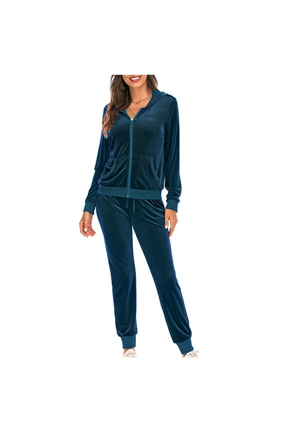 Womens Casual Velour Tracksuit Set Velvet Full Zip Hoodie Long Workout Pants Tracksuit Jogging Suits with Pocket Navy S