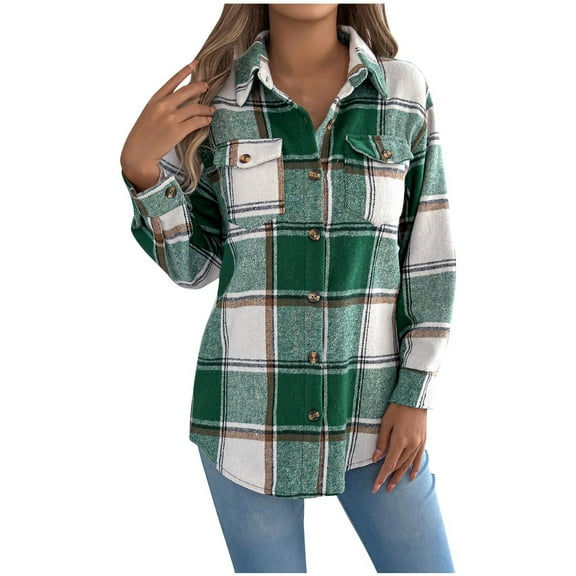 JGGSPWM Womens Classic Flannel Shacket Jacket Plaid Button Down Lapel Shirts Long Sleeve Coat Outwear Jackets Fall Outfits Green L