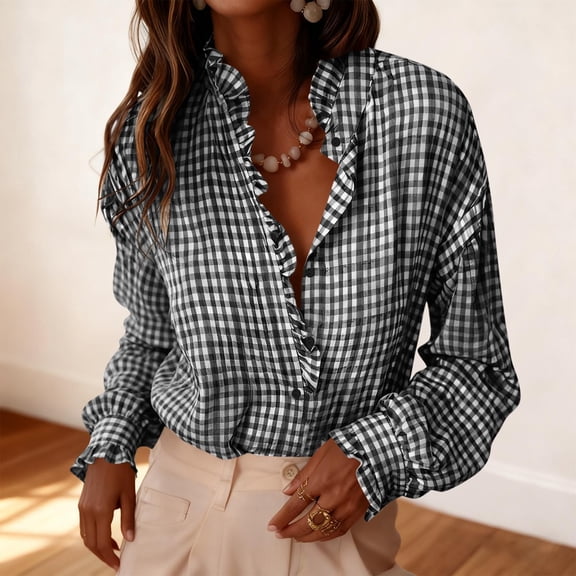 JGGSPWM Womens Classic Plaid Ruffle V Neck Button Down Blouse Casual Long Sleeve Gingham Trendy Tops Work Checkered Shirt Black M