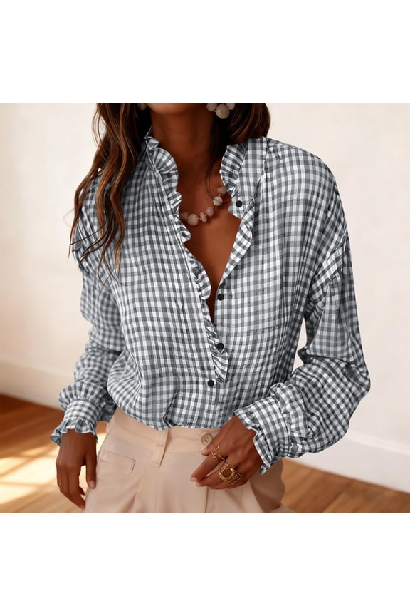 Womens Classic Plaid Ruffle V Neck Button Down Blouse Casual Long Sleeve Gingham Trendy Tops Work Checkered Shirt Gray M